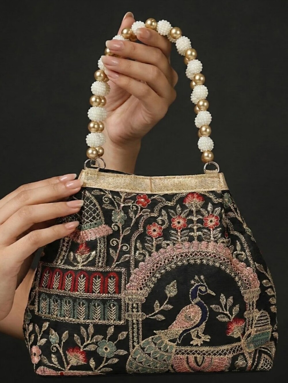 Embroidered Black Peacock Beaded-Handle Evening Bag
